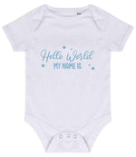 Customisable Hello World MY NAME IS – Larkwood Essential Short Sleeve Baby Bodysuit in White with Baby Blue vinyl