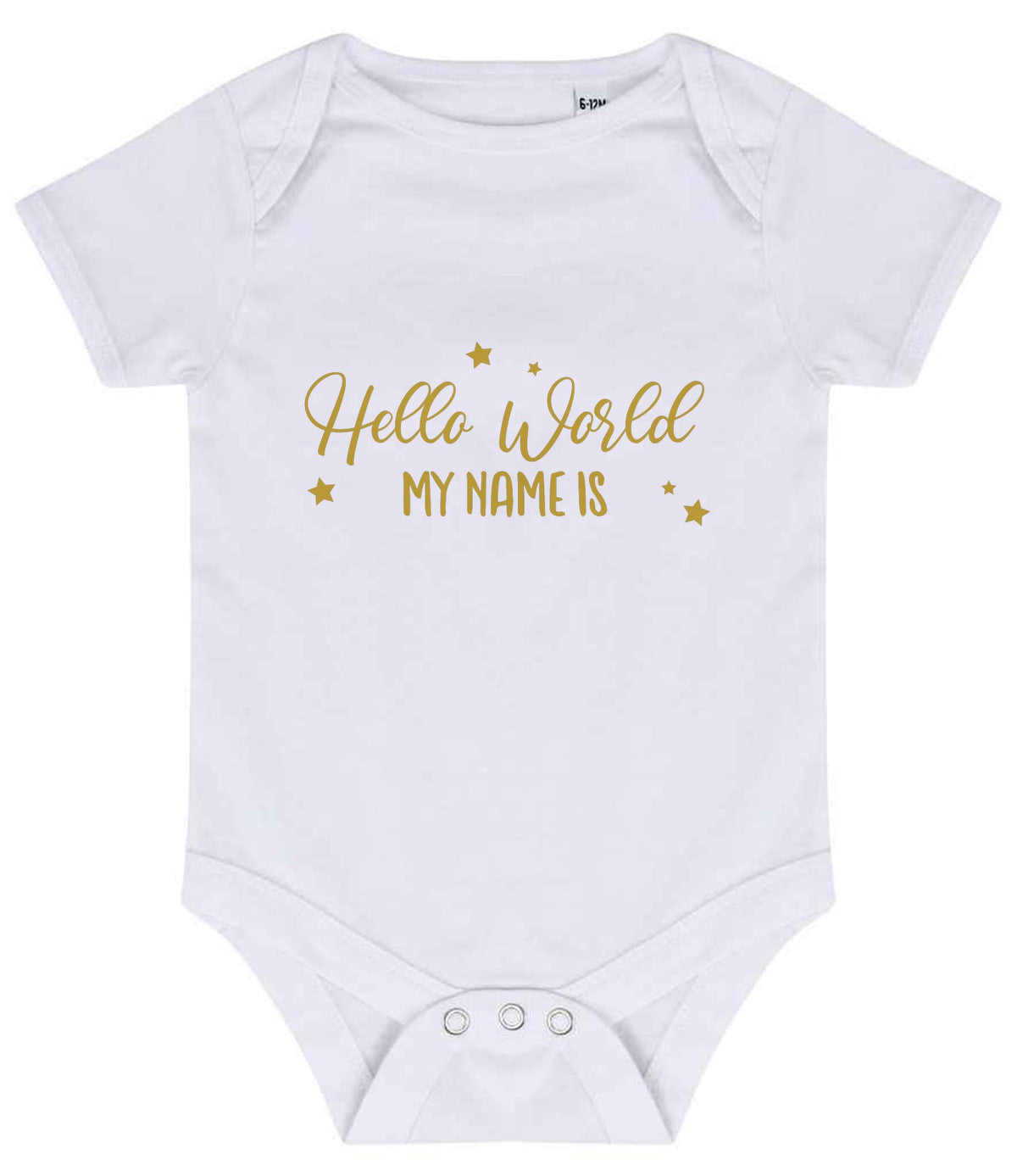 Customisable Hello World MY NAME IS – Larkwood Essential Short Sleeve Baby Bodysuit in White with Gold vinyl