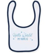 Customisable Hello World MY NAME IS – Larkwood Baby/Toddler Bib in White/Navy with Baby Blue vinyl