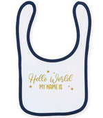 Customisable Hello World MY NAME IS – Larkwood Baby/Toddler Bib in White/Navy with Gold vinyl