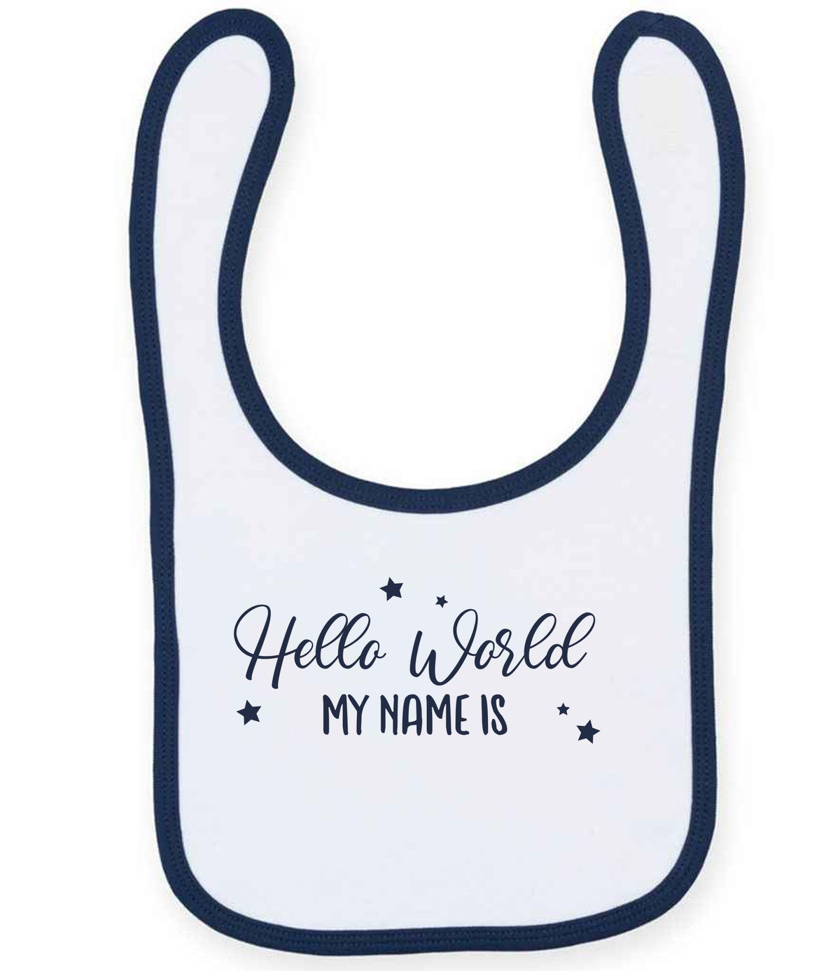 Customisable Hello World MY NAME IS – Larkwood Baby/Toddler Bib in White/Navy with Navy vinyl