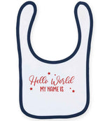 Customisable Hello World MY NAME IS – Larkwood Baby/Toddler Bib in White/Navy with Red vinyl