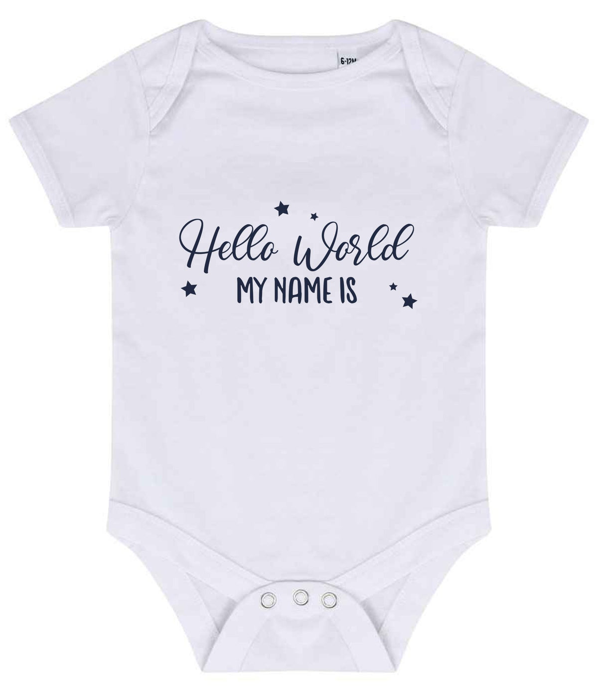 Customisable Hello World MY NAME IS – Larkwood Essential Short Sleeve Baby Bodysuit in White with Navy vinyl