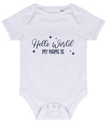Customisable Hello World MY NAME IS – Larkwood Essential Short Sleeve Baby Bodysuit in White with Navy vinyl