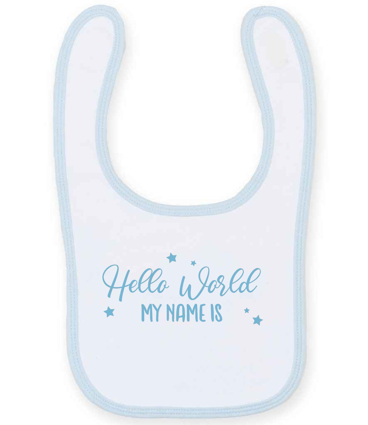 Customisable Hello World MY NAME IS – Larkwood Baby/Toddler Bib in White/Pale Blue with Baby Blue vinyl