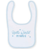 Customisable Hello World MY NAME IS – Larkwood Baby/Toddler Bib in White/Pale Blue with Baby Blue vinyl