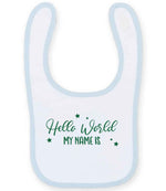 Customisable Hello World MY NAME IS – Larkwood Baby/Toddler Bib in White/Pale Blue with Dark Green vinyl