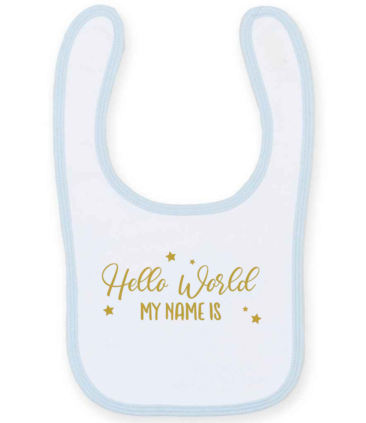 Customisable Hello World MY NAME IS – Larkwood Baby/Toddler Bib in White/Pale Blue with Gold vinyl