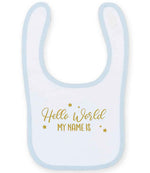 Customisable Hello World MY NAME IS – Larkwood Baby/Toddler Bib in White/Pale Blue with Gold vinyl