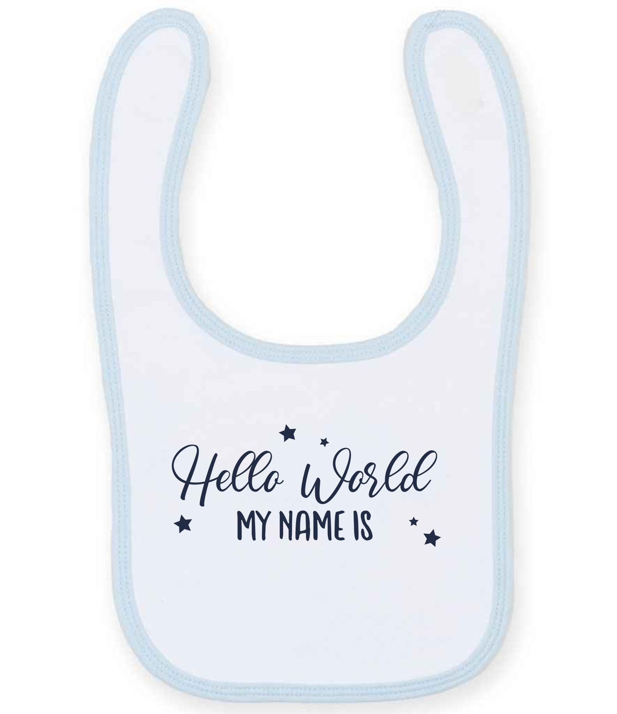 Customisable Hello World MY NAME IS – Larkwood Baby/Toddler Bib in White/Pale Blue with Navy vinyl