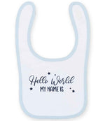 Customisable Hello World MY NAME IS – Larkwood Baby/Toddler Bib in White/Pale Blue with Navy vinyl