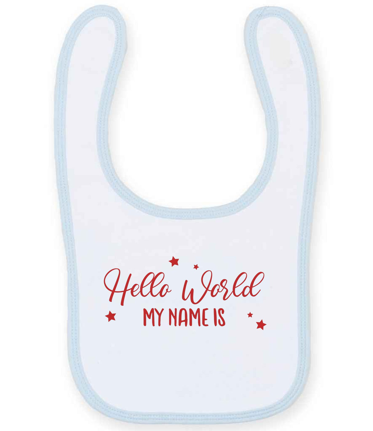 Customisable Hello World MY NAME IS – Larkwood Baby/Toddler Bib in White/Pale Blue with Red vinyl