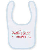 Customisable Hello World MY NAME IS – Larkwood Baby/Toddler Bib in White/Pale Blue with Red vinyl