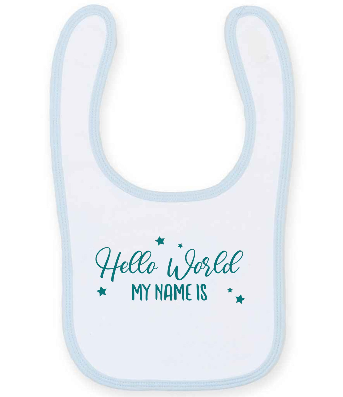 Customisable Hello World MY NAME IS – Larkwood Baby/Toddler Bib in White/Pale Blue with Teal vinyl