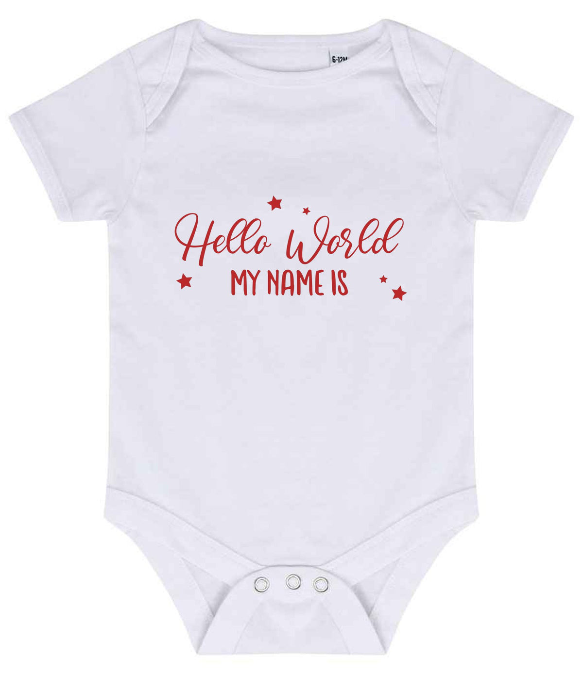Customisable Hello World MY NAME IS – Larkwood Essential Short Sleeve Baby Bodysuit in White with Red vinyl