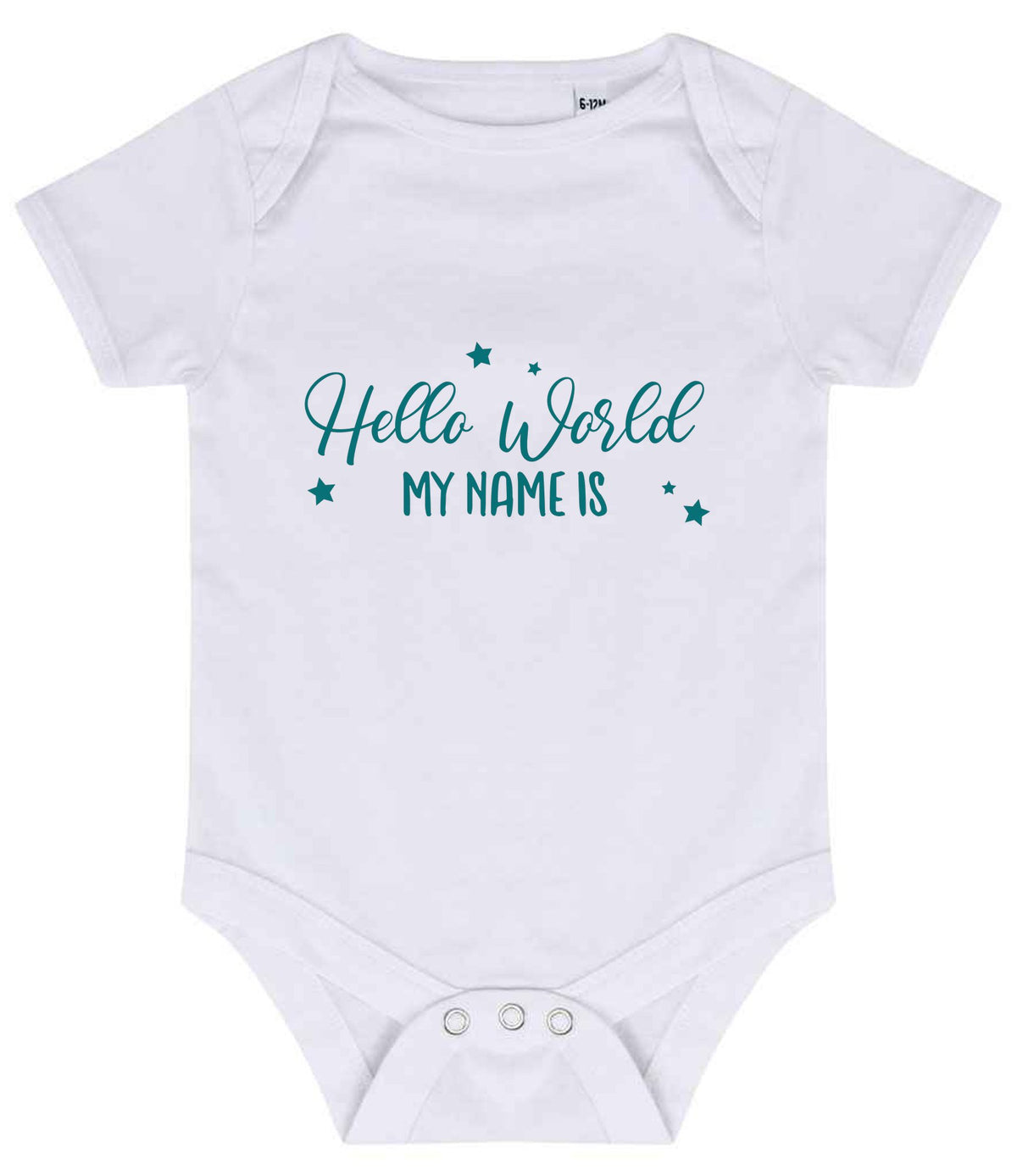 Customisable Hello World MY NAME IS – Larkwood Essential Short Sleeve Baby Bodysuit in White with Teal vinyl