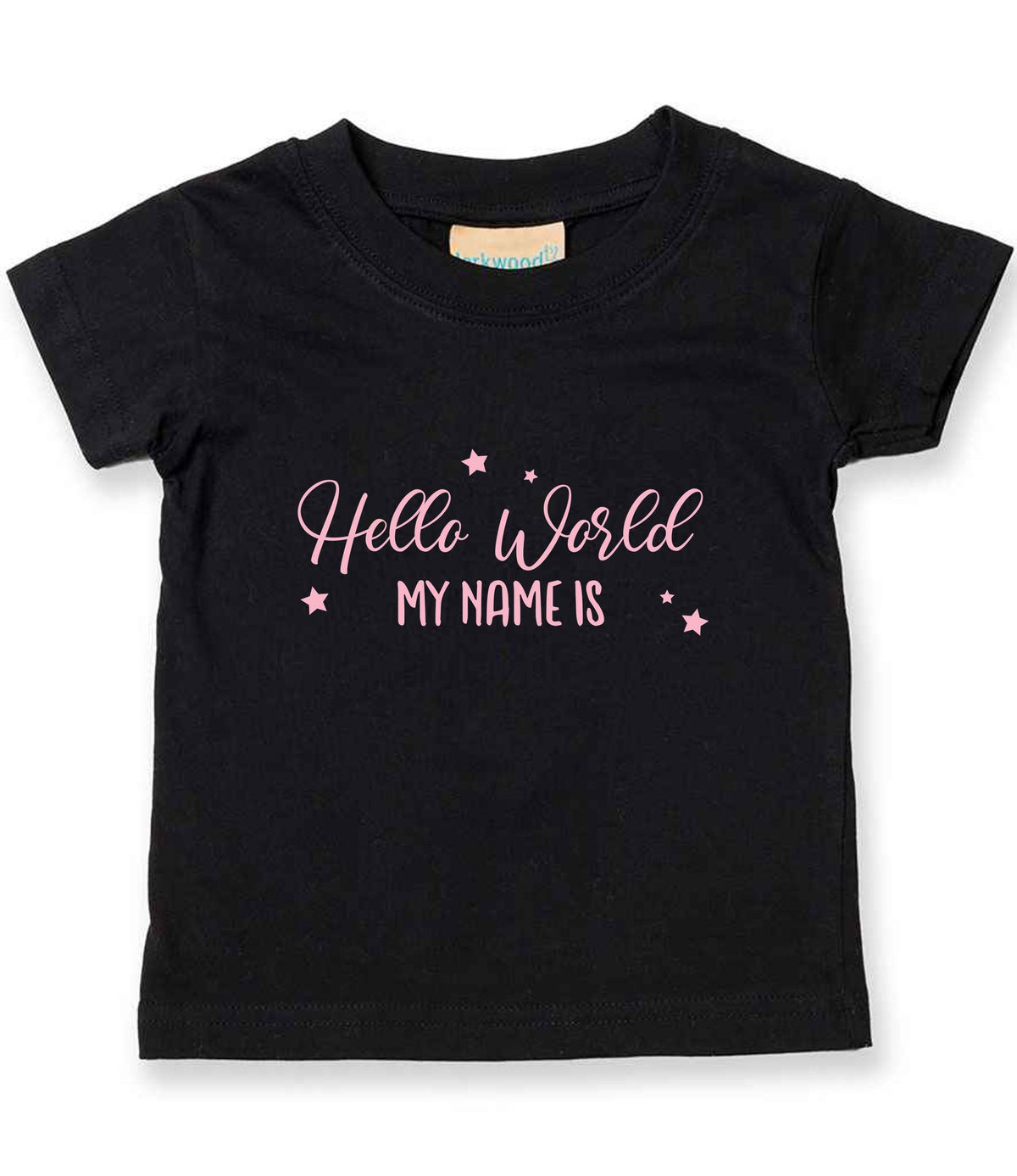 Customisable Hello World MY NAME IS – Baby T-Shirt in Black with Baby Pink vinyl