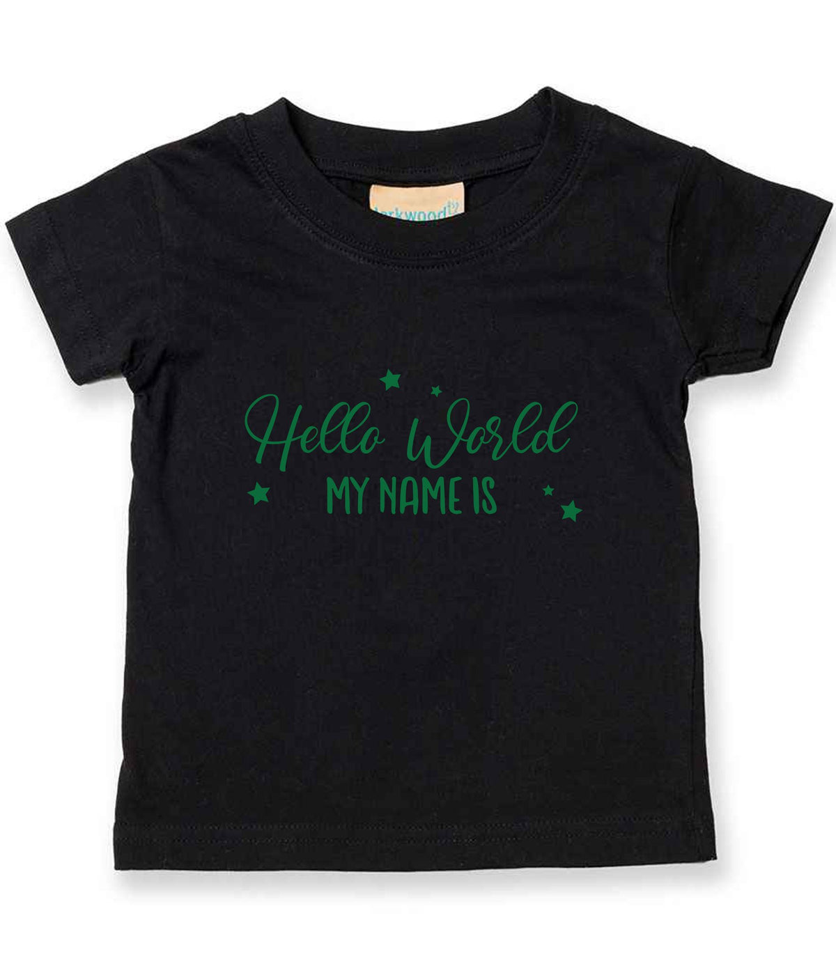 Customisable Hello World MY NAME IS – Baby T-Shirt in Black with Dark Green vinyl