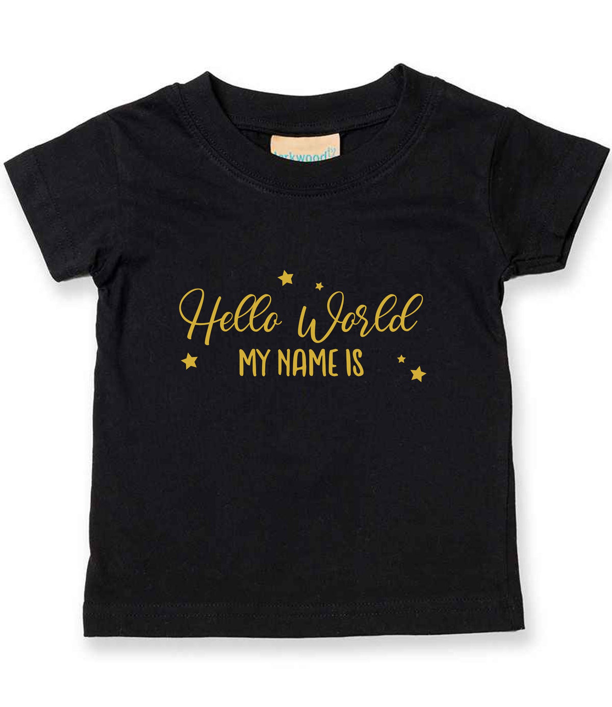 Customisable Hello World MY NAME IS – Baby T-Shirt in Black with Gold vinyl
