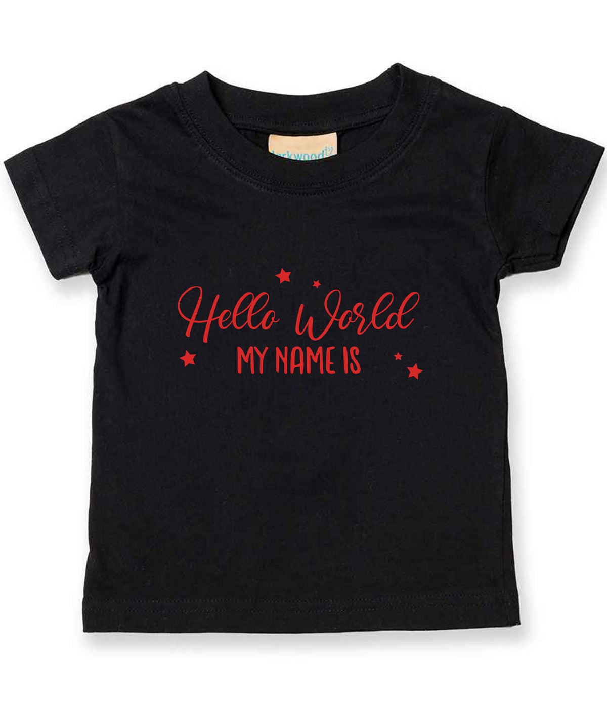 Customisable Hello World MY NAME IS – Baby T-Shirt in Black with Red vinyl