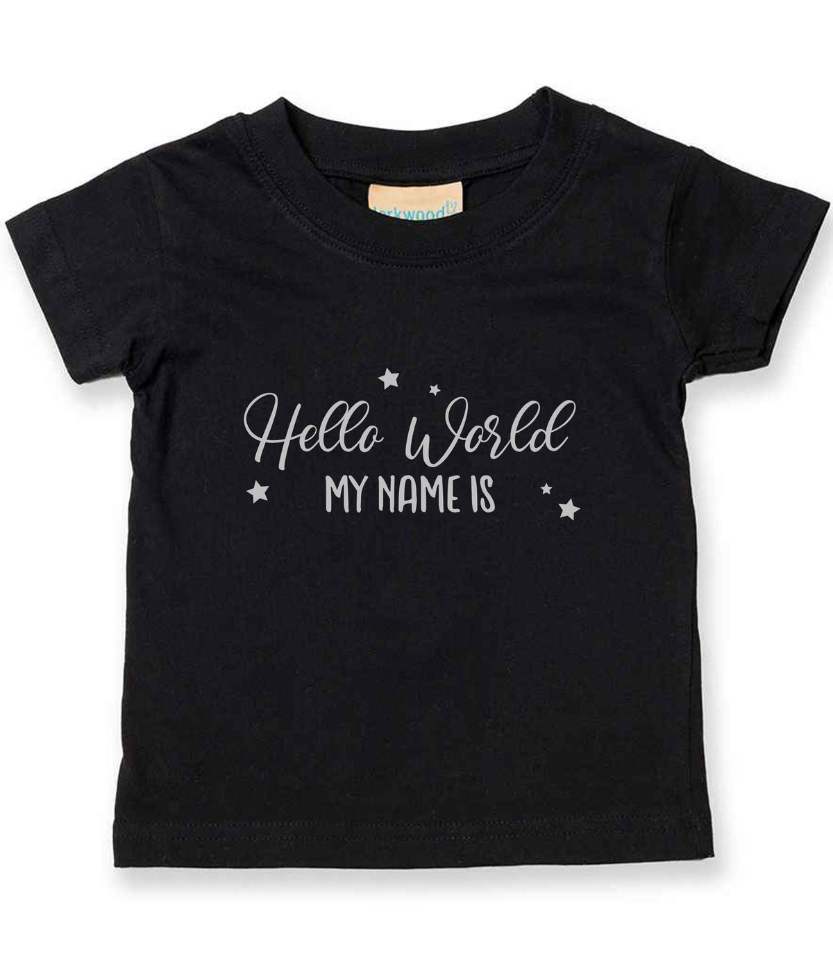 Customisable Hello World MY NAME IS – Baby T-Shirt in Black with Silver vinyl