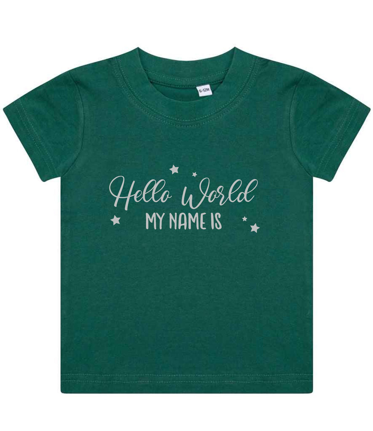 Customisable Hello World MY NAME IS – Baby T-Shirt in Bottle Green with Silver vinyl