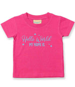 Customisable Hello World MY NAME IS – Baby T-Shirt in Fuchsia with Baby Blue vinyl