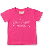 Customisable Hello World MY NAME IS – Baby T-Shirt in Fuchsia with Baby Pink vinyl