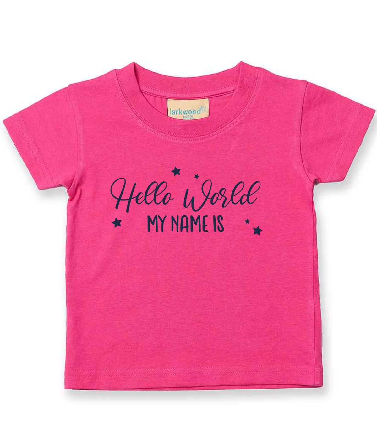 Customisable Hello World MY NAME IS – Baby T-Shirt in Fuchsia with Navy vinyl