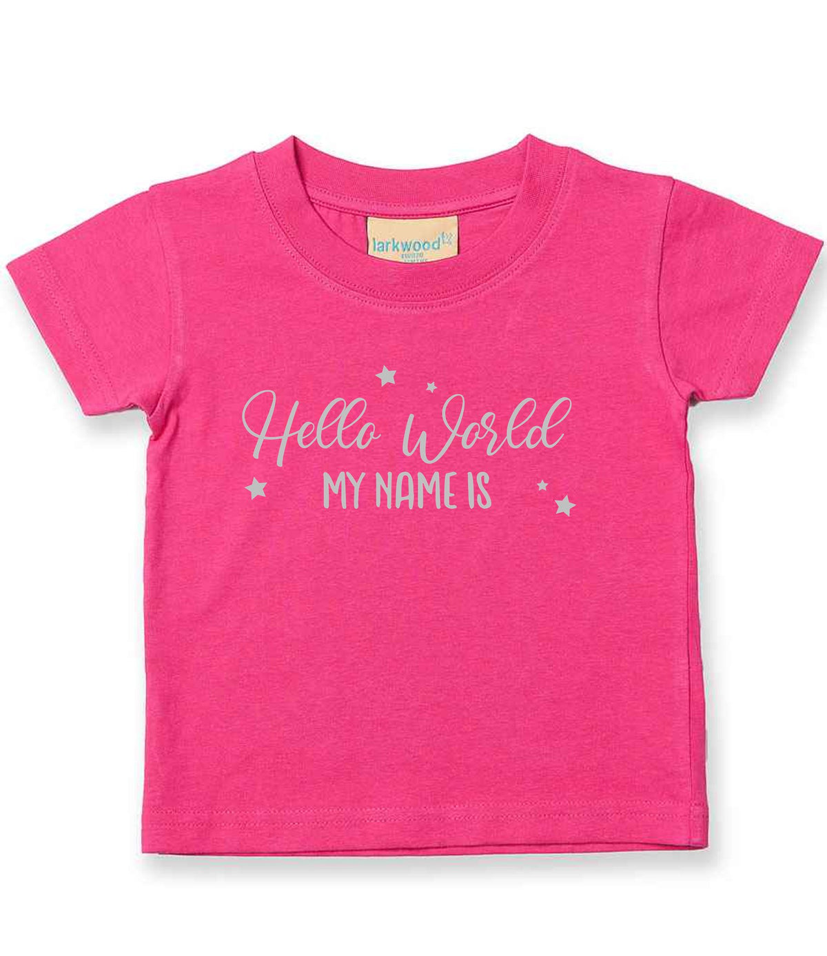Customisable Hello World MY NAME IS – Baby T-Shirt in Fuchsia with Silver vinyl