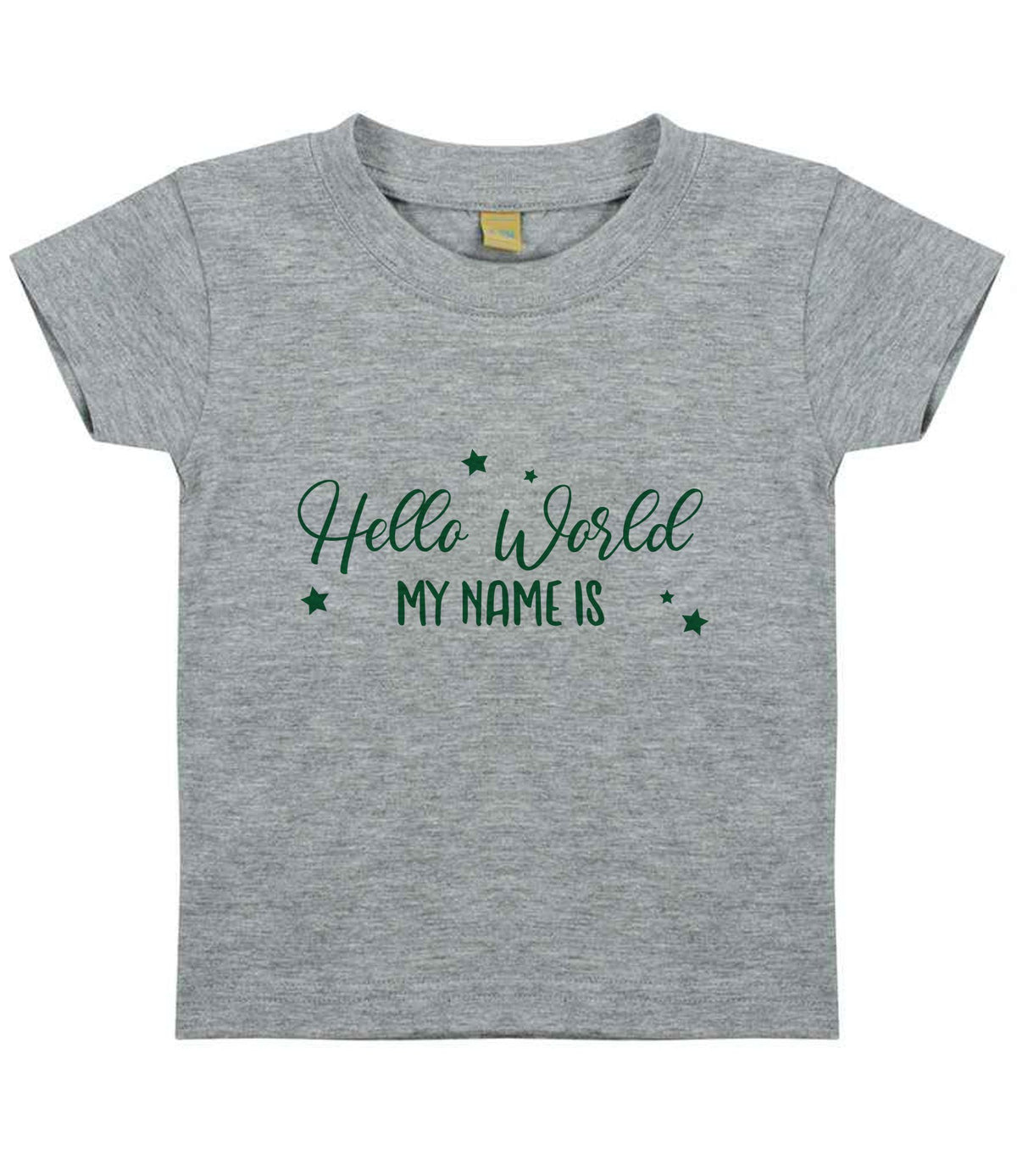Customisable Hello World MY NAME IS – Baby T-Shirt in Heather Grey with Dark Green vinyl