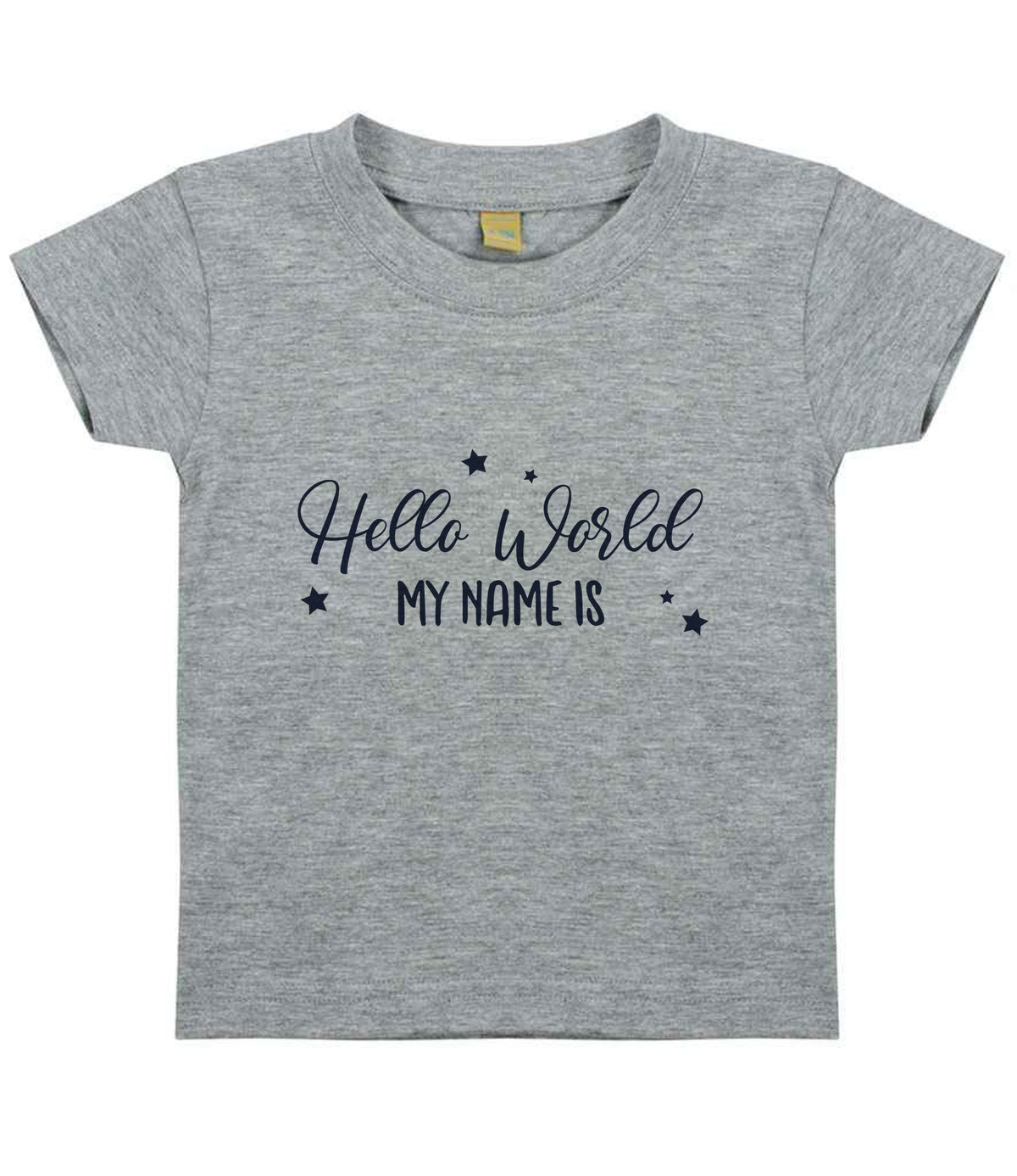 Customisable Hello World MY NAME IS – Baby T-Shirt in Heather Grey with Navy vinyl