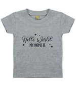 Customisable Hello World MY NAME IS – Baby T-Shirt in Heather Grey with Navy vinyl