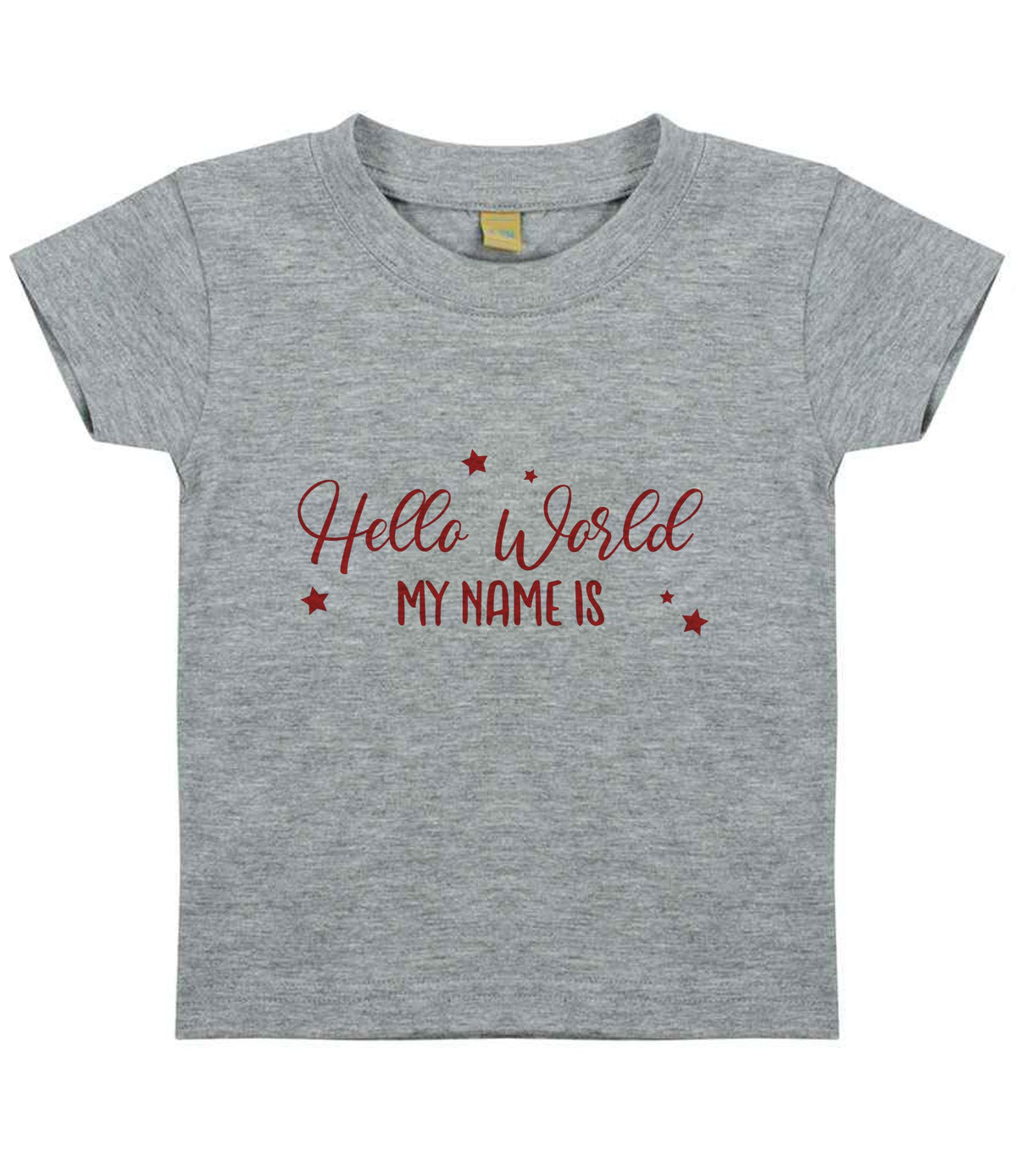 Customisable Hello World MY NAME IS – Baby T-Shirt in Heather Grey with Red vinyl