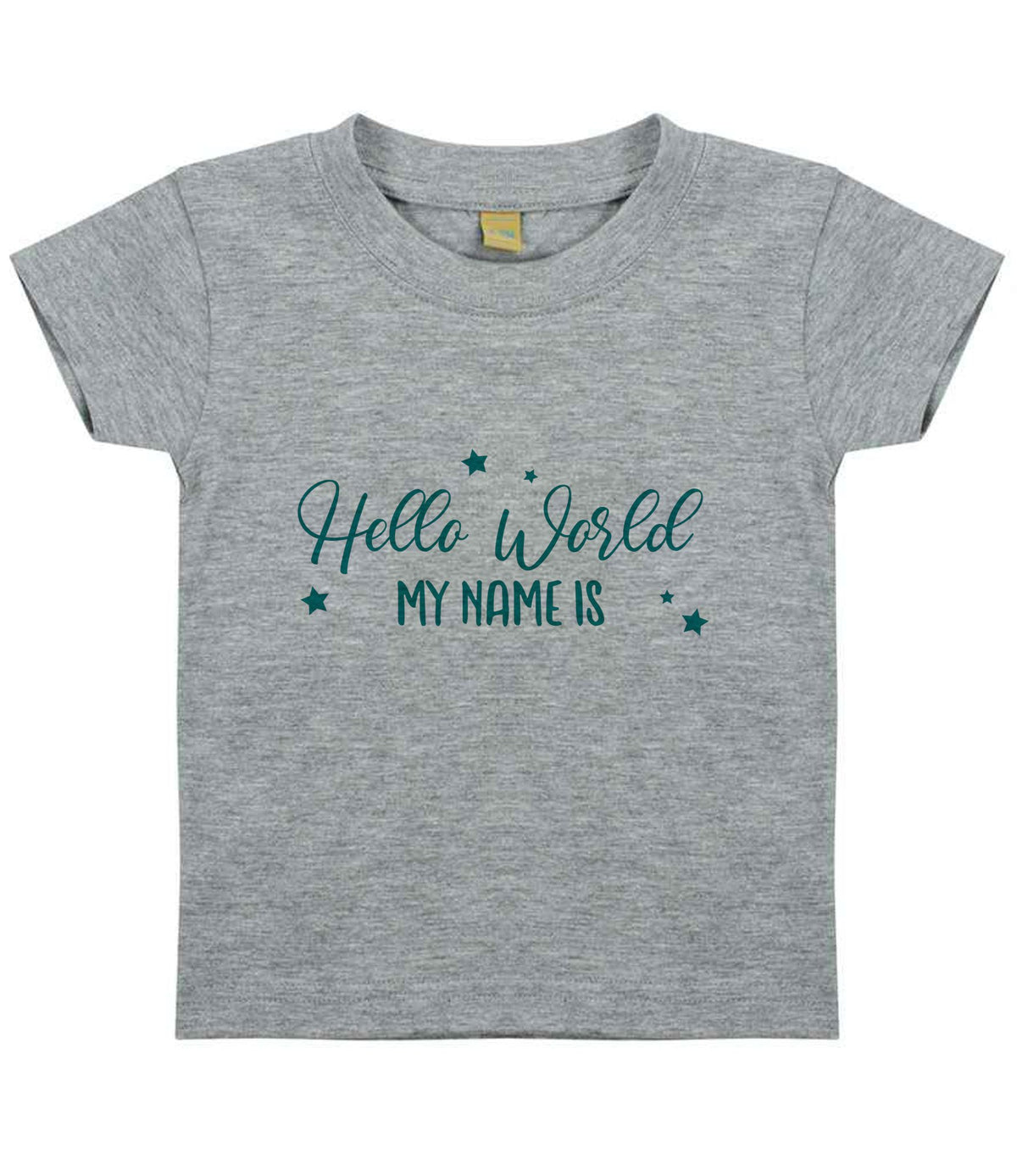 Customisable Hello World MY NAME IS – Baby T-Shirt in Heather Grey with Teal vinyl