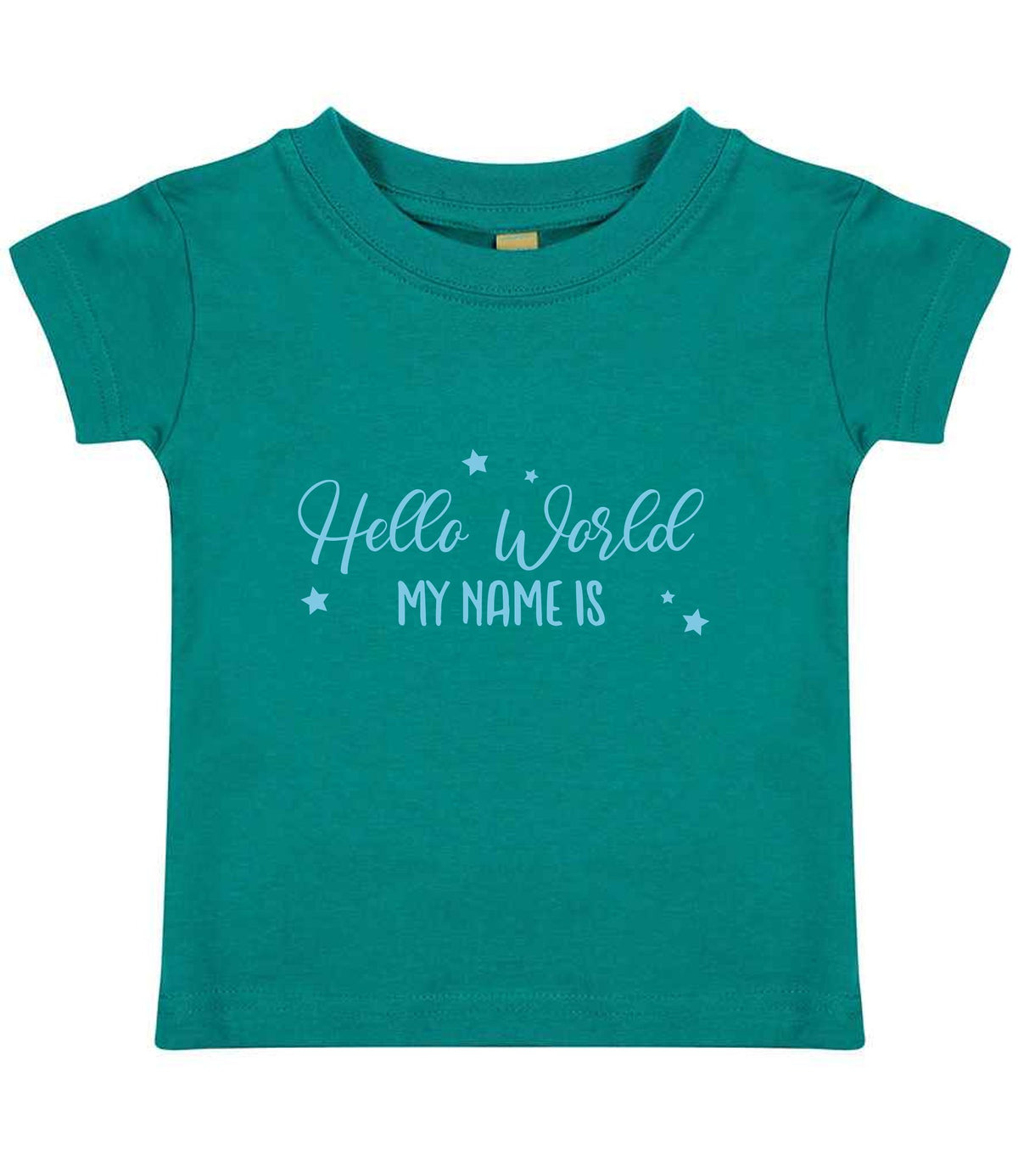 Customisable Hello World MY NAME IS – Baby T-Shirt in Jade with Baby Blue vinyl