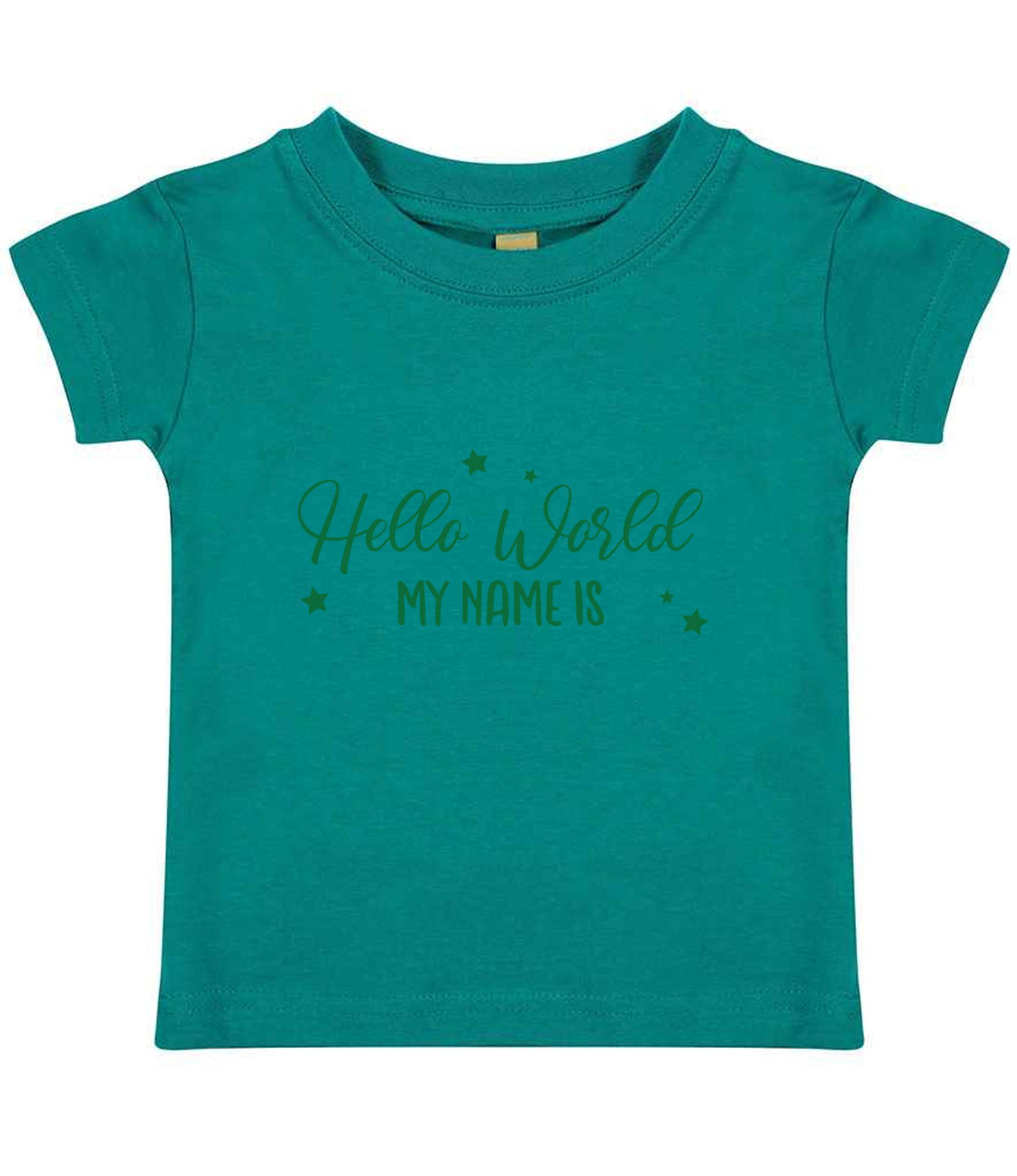 Customisable Hello World MY NAME IS – Baby T-Shirt in Jade with Dark Green vinyl