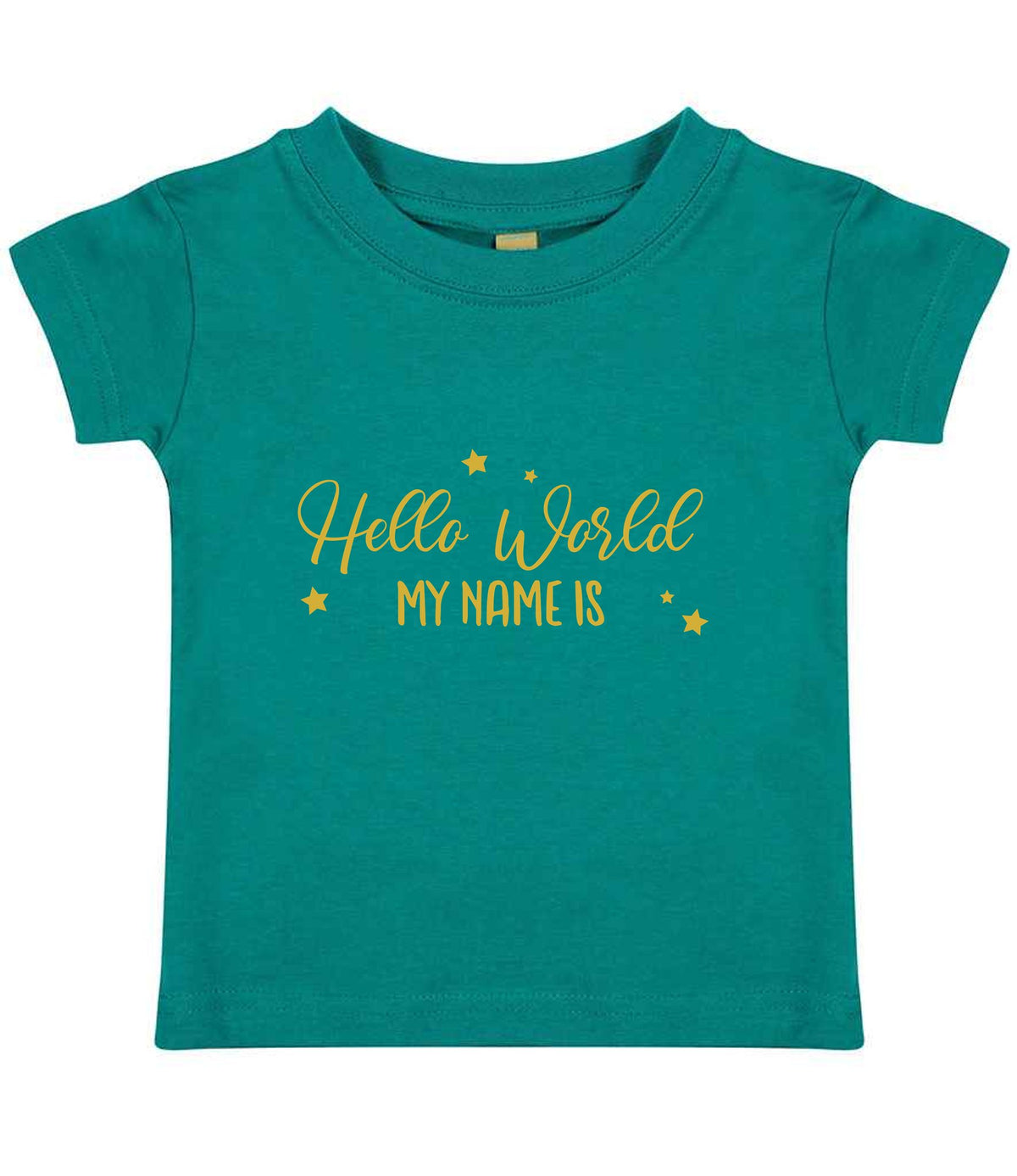 Customisable Hello World MY NAME IS – Baby T-Shirt in Jade with Gold vinyl