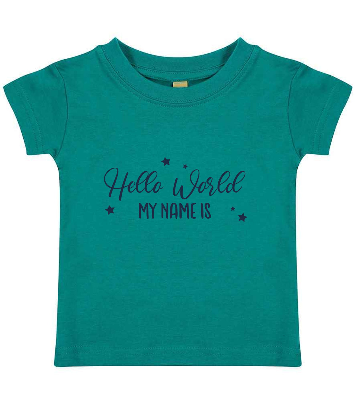 Customisable Hello World MY NAME IS – Baby T-Shirt in Jade with Navy vinyl