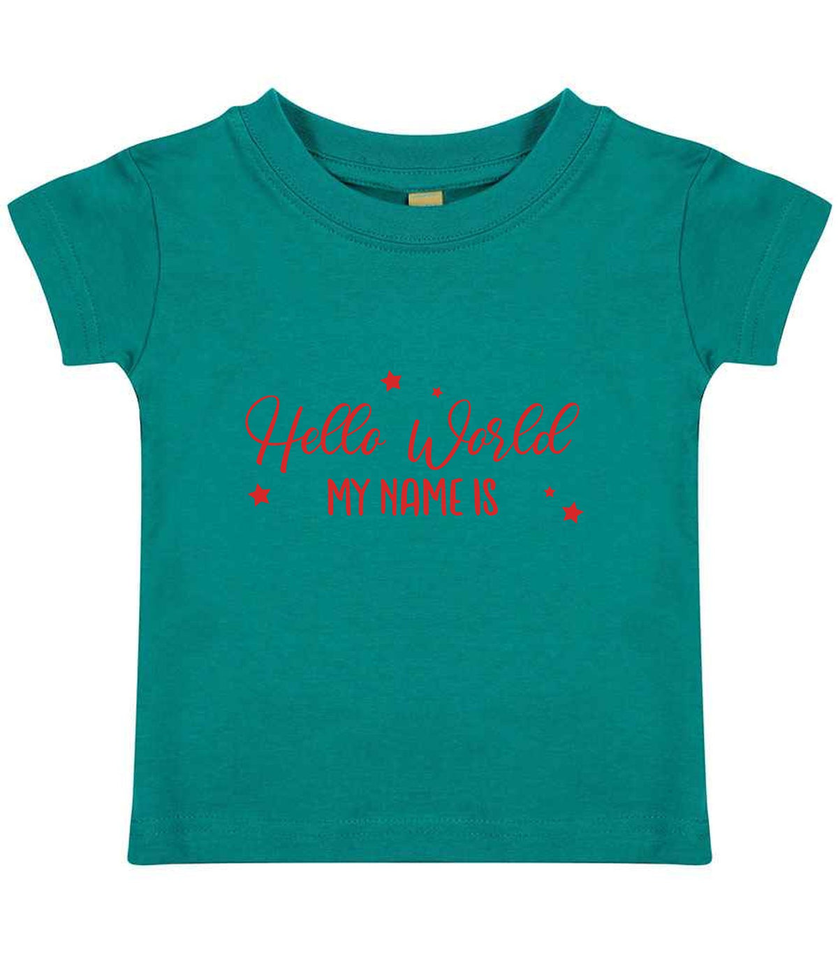 Customisable Hello World MY NAME IS – Baby T-Shirt in Jade with Red vinyl