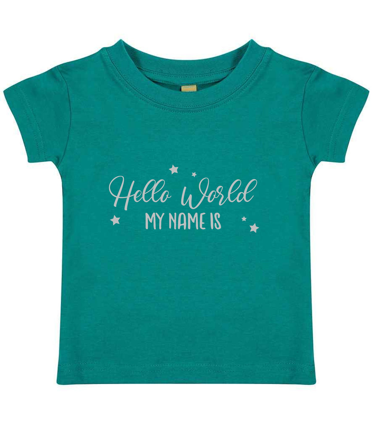 Customisable Hello World MY NAME IS – Baby T-Shirt in Jade with Silver vinyl