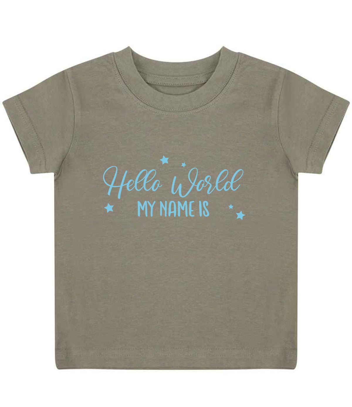 Customisable Hello World MY NAME IS – Baby T-Shirt in Khaki with Baby Blue vinyl