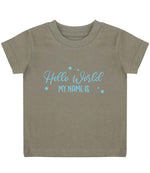 Customisable Hello World MY NAME IS – Baby T-Shirt in Khaki with Baby Blue vinyl