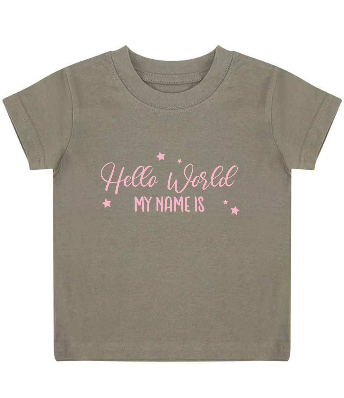 Customisable Hello World MY NAME IS – Baby T-Shirt in Khaki with Baby Pink vinyl