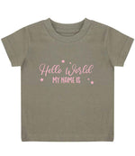 Customisable Hello World MY NAME IS – Baby T-Shirt in Khaki with Baby Pink vinyl