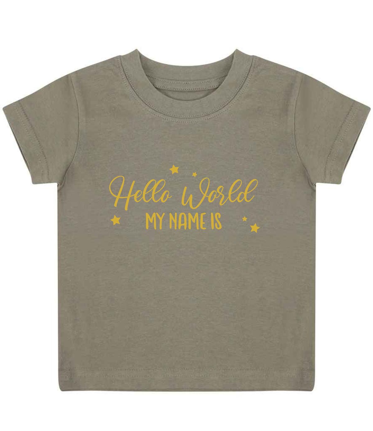 Customisable Hello World MY NAME IS – Baby T-Shirt in Khaki with Gold vinyl