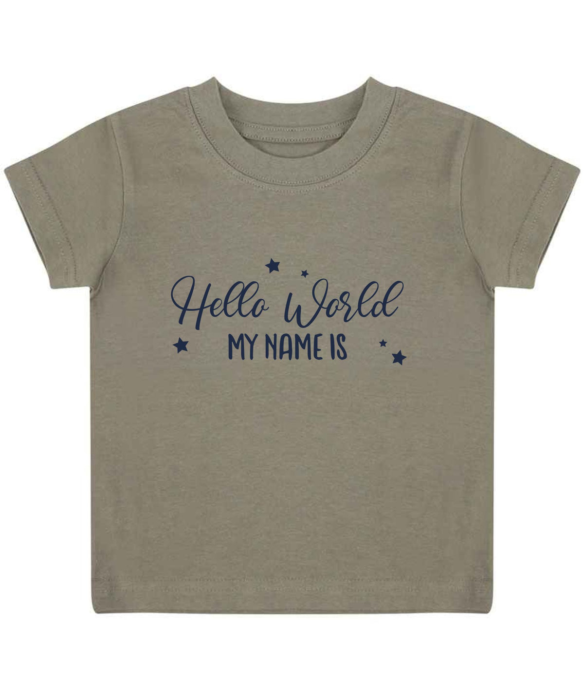Customisable Hello World MY NAME IS – Baby T-Shirt in Khaki with Navy vinyl