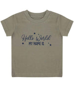 Customisable Hello World MY NAME IS – Baby T-Shirt in Khaki with Navy vinyl