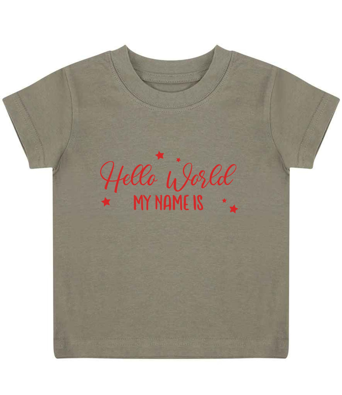 Customisable Hello World MY NAME IS – Baby T-Shirt in Khaki with Red vinyl