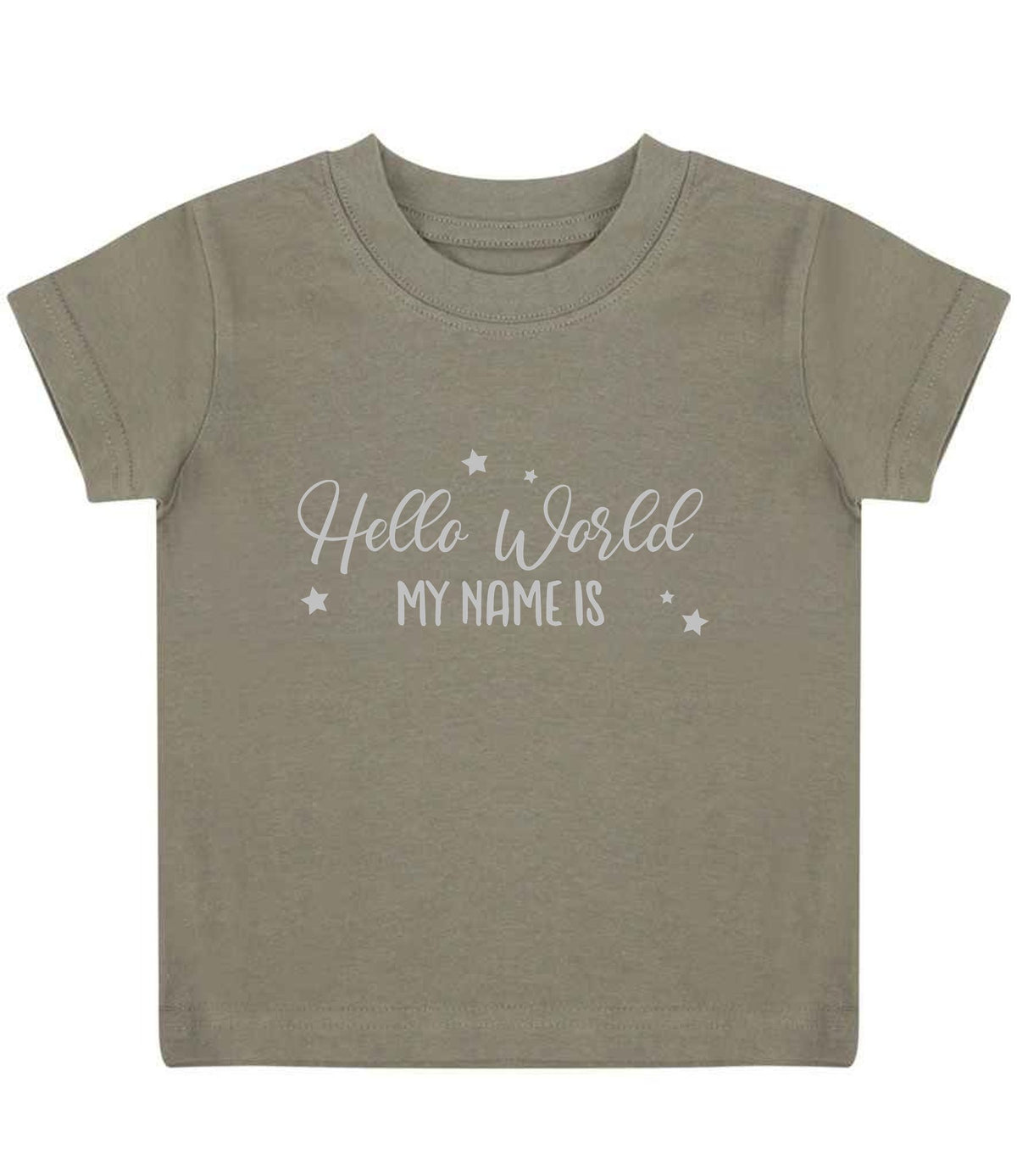 Customisable Hello World MY NAME IS – Baby T-Shirt in Khaki with Silver vinyl
